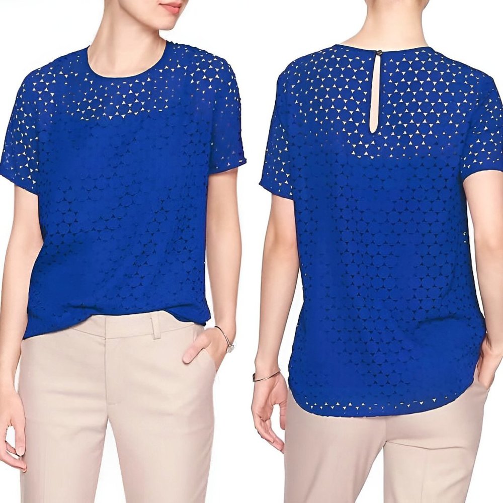 Banana Republic Laser Cut Eyelet Overlay Cropped Short Sleeve Top in Royal Blue